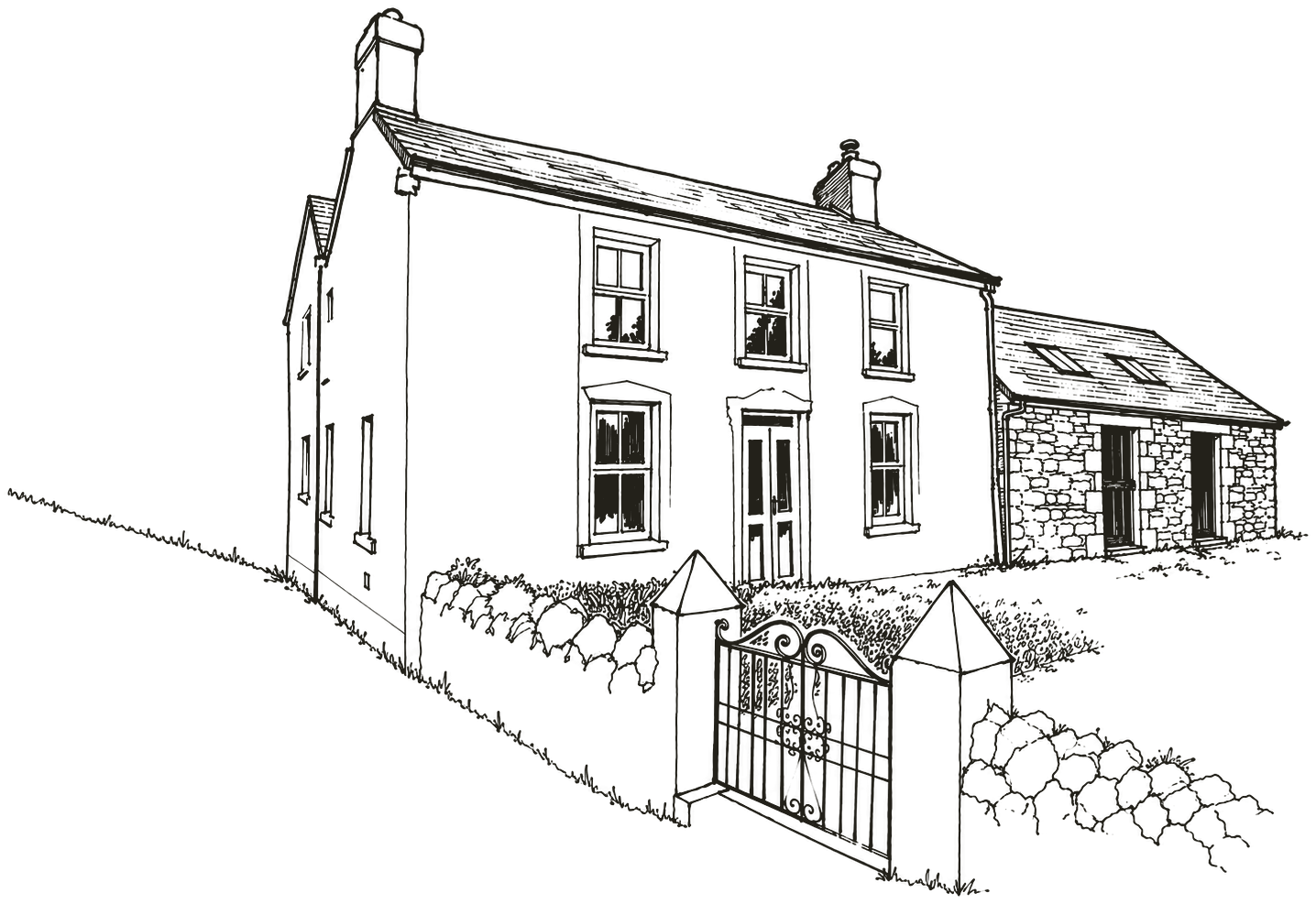 Pen-and-ink drawing of a house